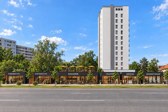 Vizualizácia: obchodná pasáž s vežou SkyTower v pozadí