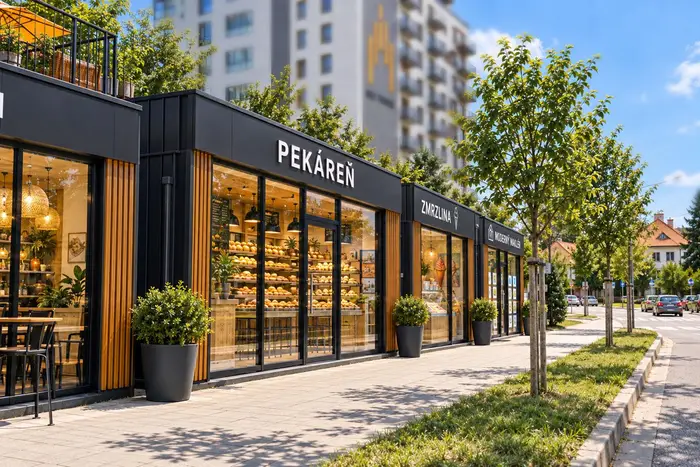 Vizualizácia: pekáreň v pasáži, pohľad pozdĺž chodníka