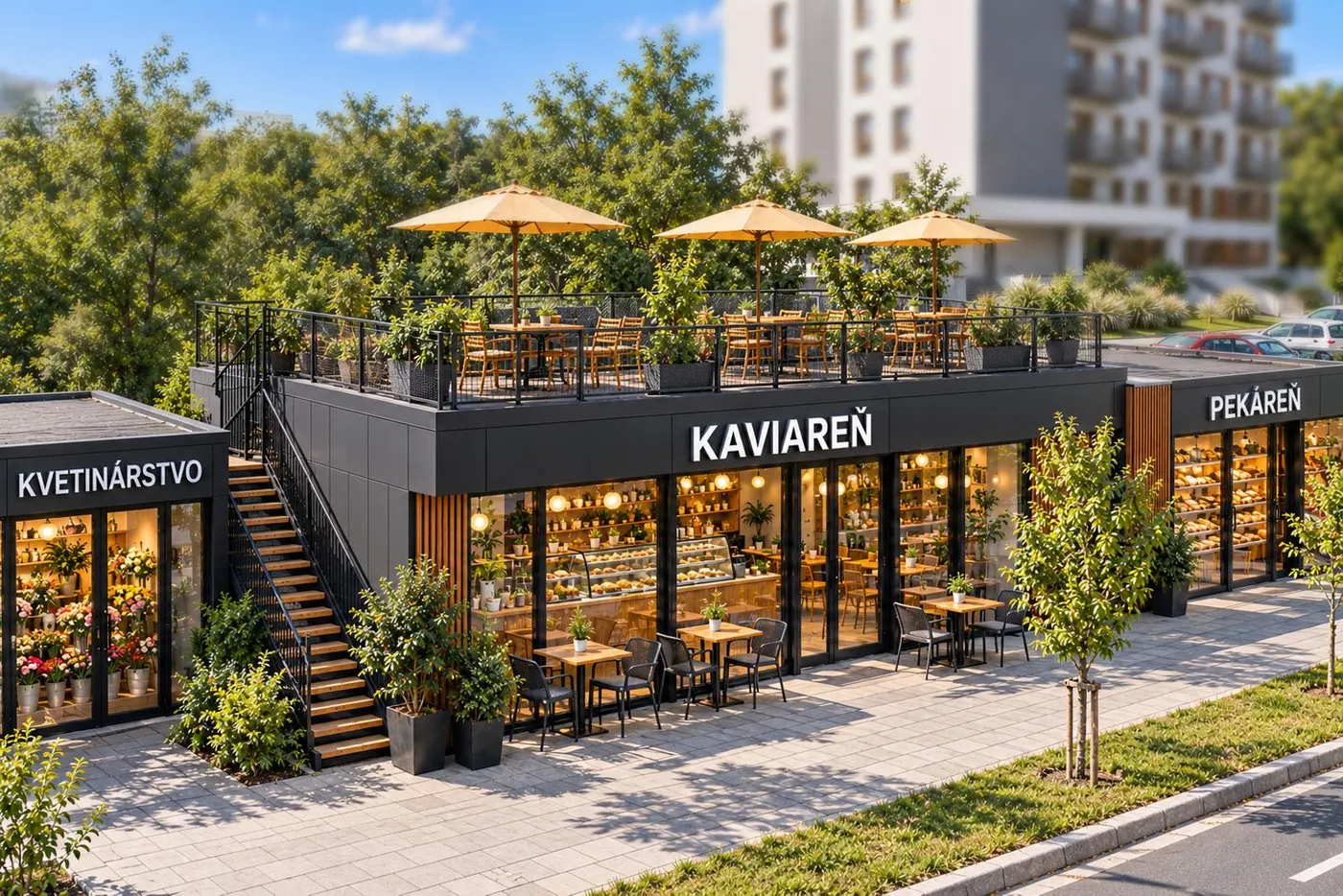 Vizualizácia: kaviareň so strešnou terasou a kvetinárstvo v pasáži
