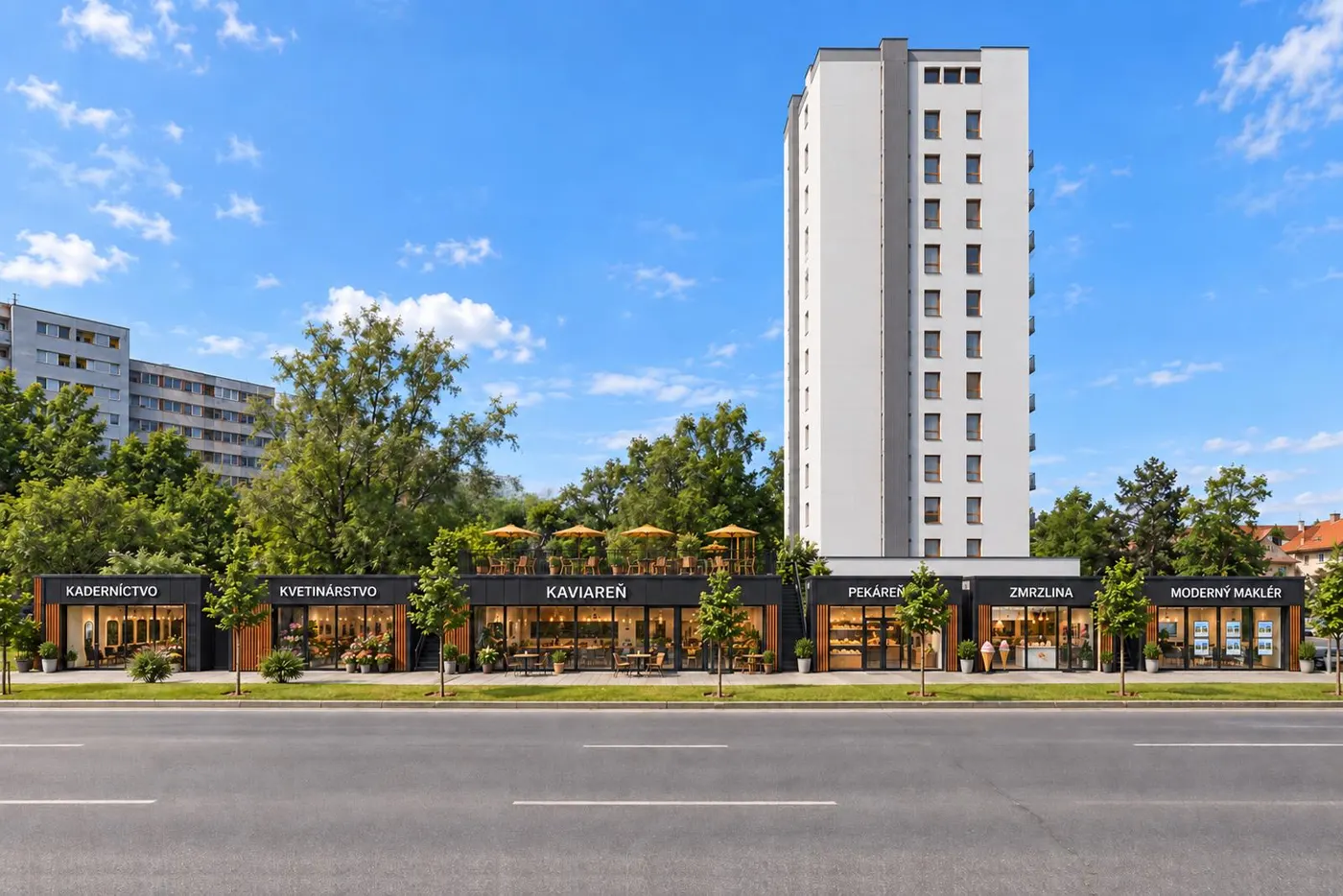 Vizualizácia: obchodná pasáž s vežou SkyTower v pozadí