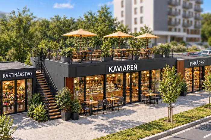 Vizualizácia: kaviareň so strešnou terasou a kvetinárstvo v pasáži