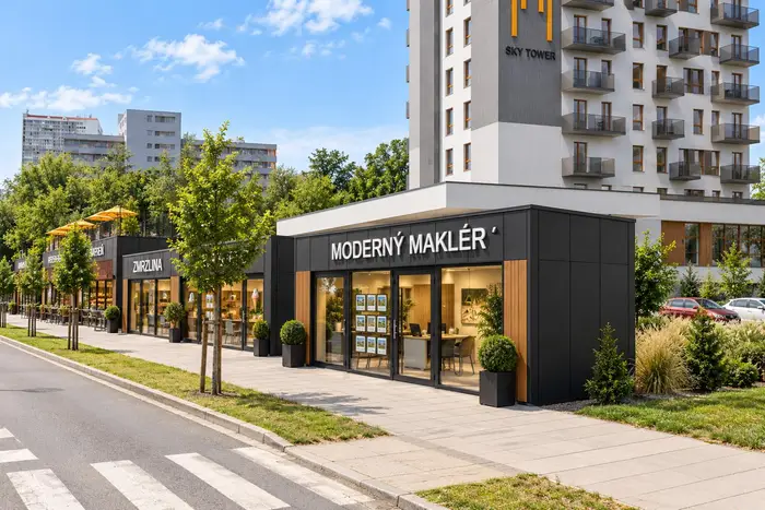 Vizualizácia: realitná kancelária na rohu pasáže, veža SkyTower v pozadí